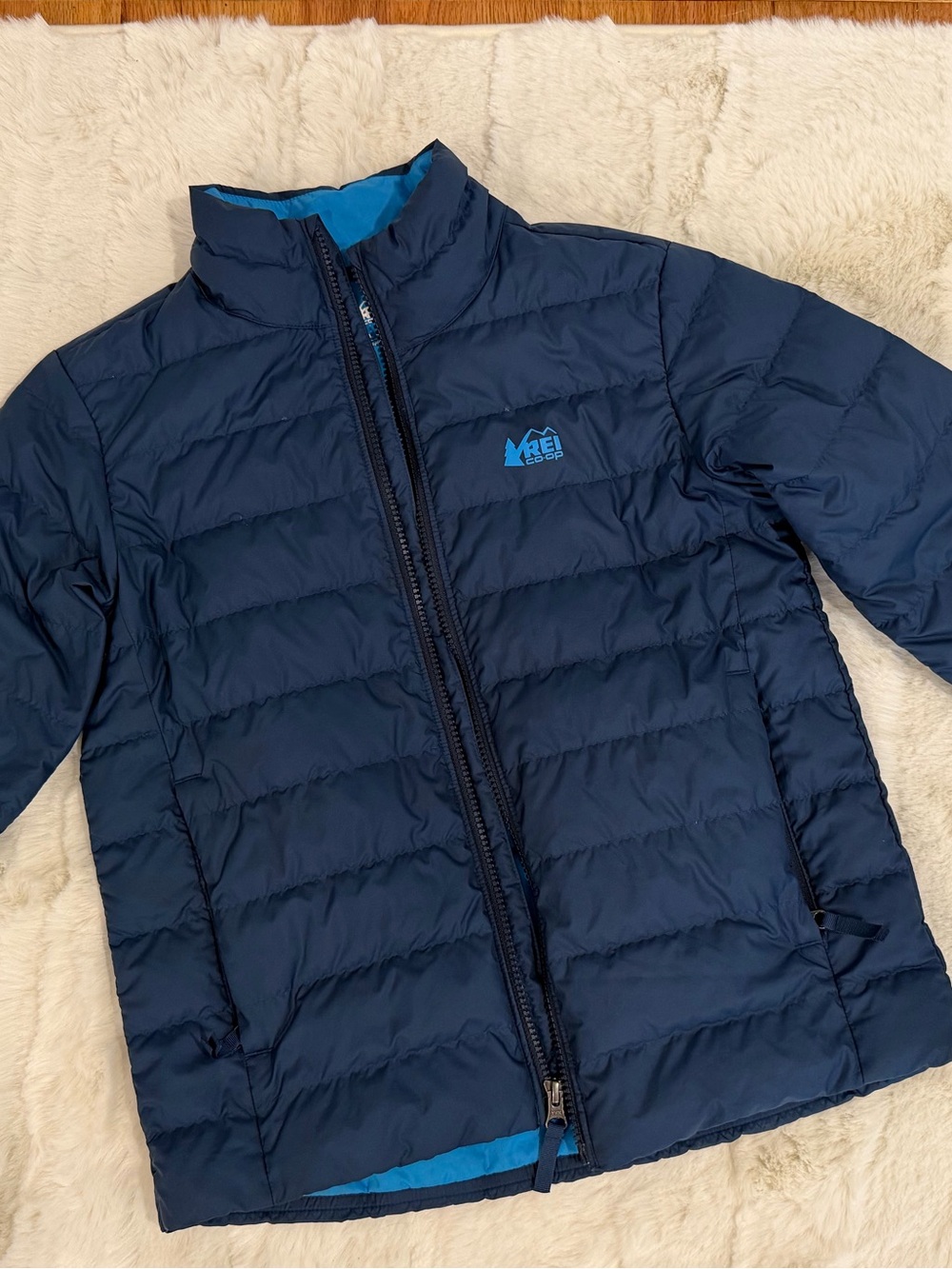 REI Kids Navy Puffer Jacket with Bright Blue Lining